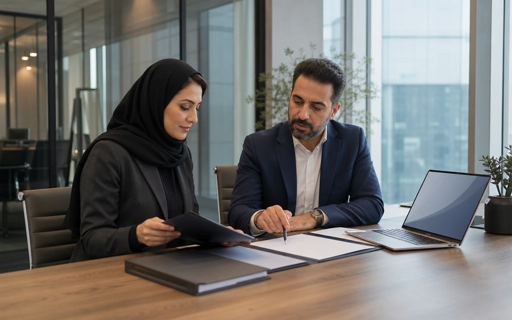 مدیر منابع انسانی و مدیر مالی در حال بررسی اسناد تمدید بیمه تکمیلی کارکنان در جلسه اداری