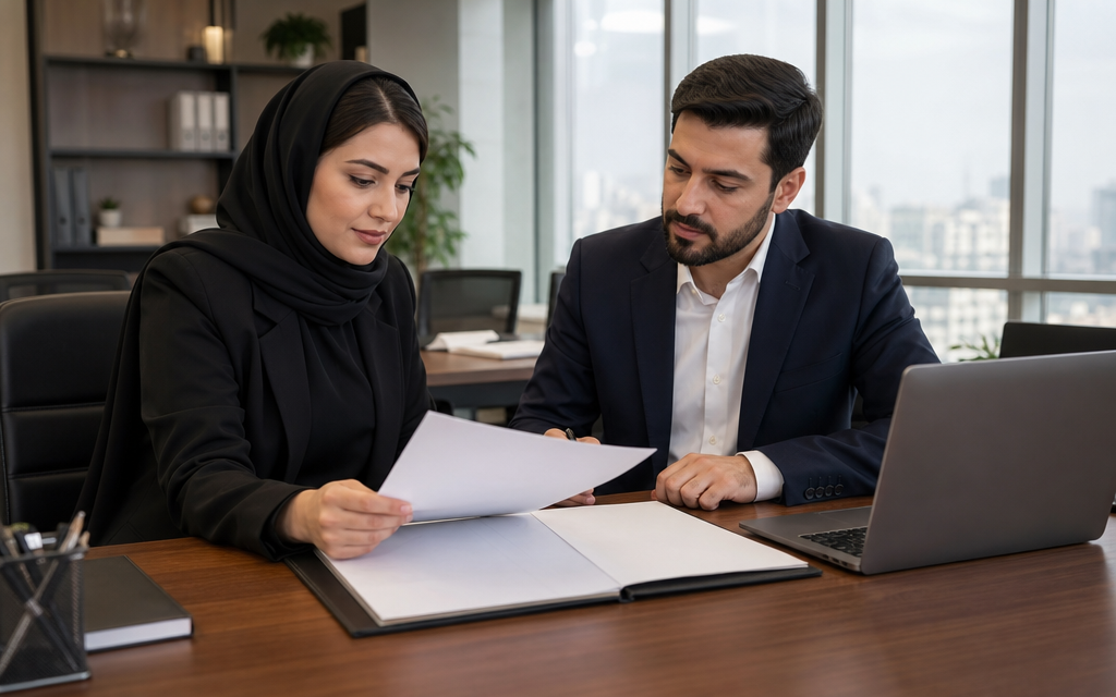 مدیر منابع انسانی در حال بررسی توافق خدمات بیمه تکمیلی در دفتر کار