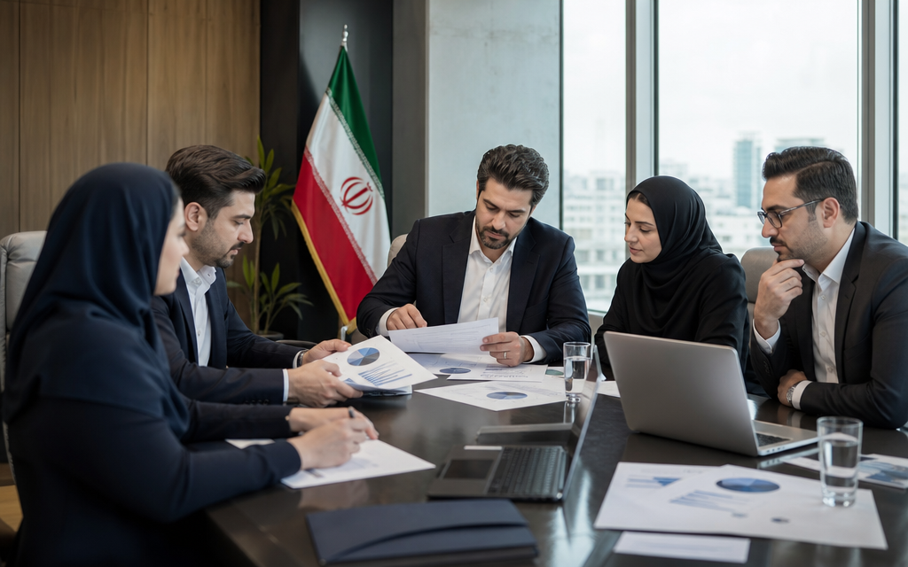 مدیران منابع انسانی و مالی در حال بررسی پیشنهادهای بیمه تکمیلی در جلسه سازمانی