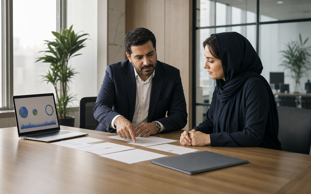 مدیر منابع انسانی و کارشناس سازمان در حال بررسی نتایج نظرسنجی رضایت کارکنان از بیمه تکمیلی