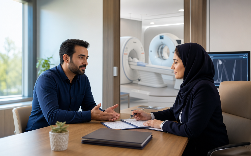 گفت‌وگوی بیمار و مشاور بیمه در مرکز تصویربرداری مجهز به MRI و CT Scan