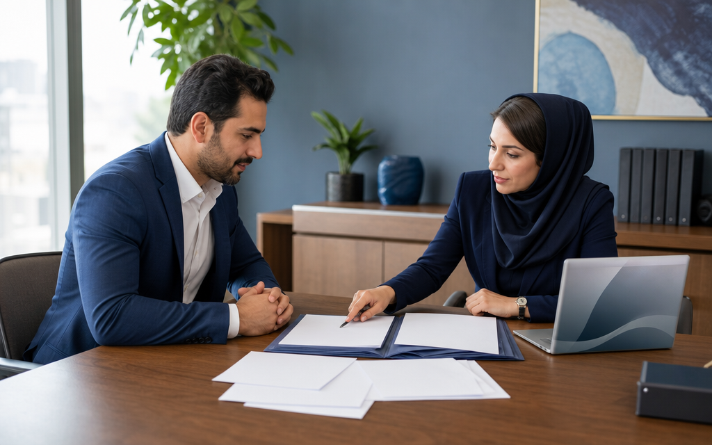 کارشناس بیمه در حال بررسی مدارک خسارت درمانی همراه با بیمه‌شده در دفتر مشاوره