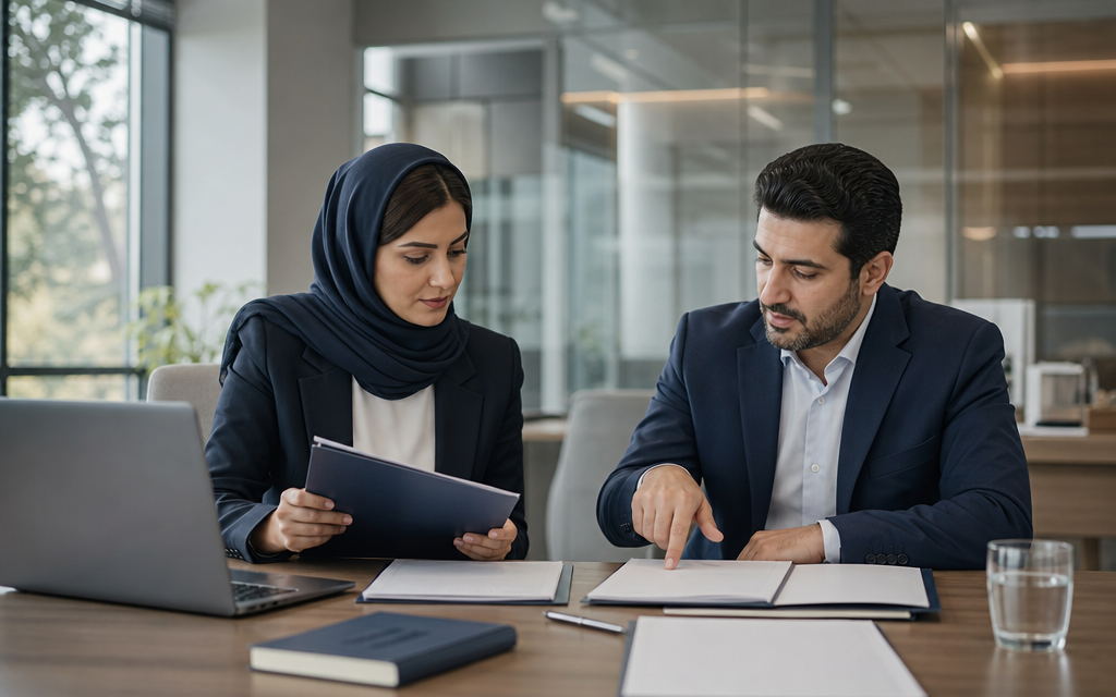 مدیران منابع انسانی و مالی در حال بررسی پرونده‌ها و مدارک بیمه کارکنان در اتاق جلسه شرکت